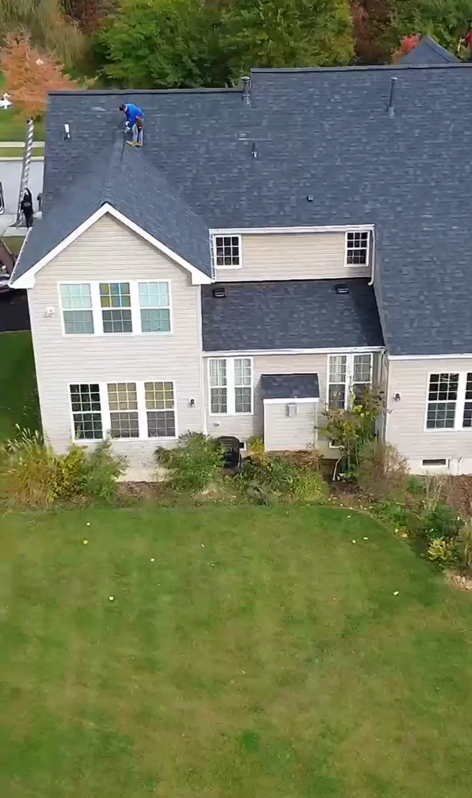 Completed residential roofing viewed from above